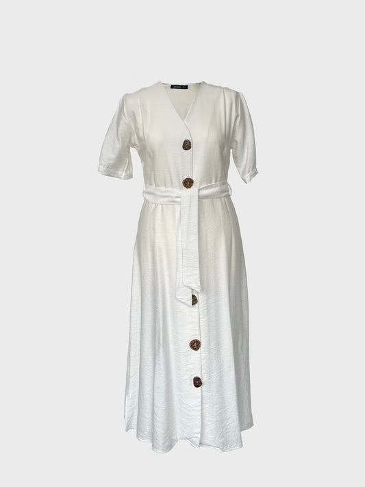 Midi Kleid mit Gürtel Weiß Detailansicht – BECCA STUDIOS