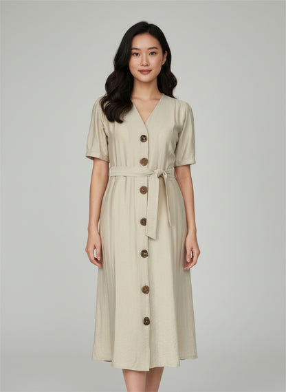 Midi Kleid mit Gürtel in Stone – Viskose-Mix | BECCA STUDIOS