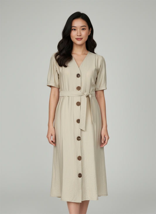 Midi Kleid mit Gürtel in Stone – Viskose-Mix | BECCA STUDIOS