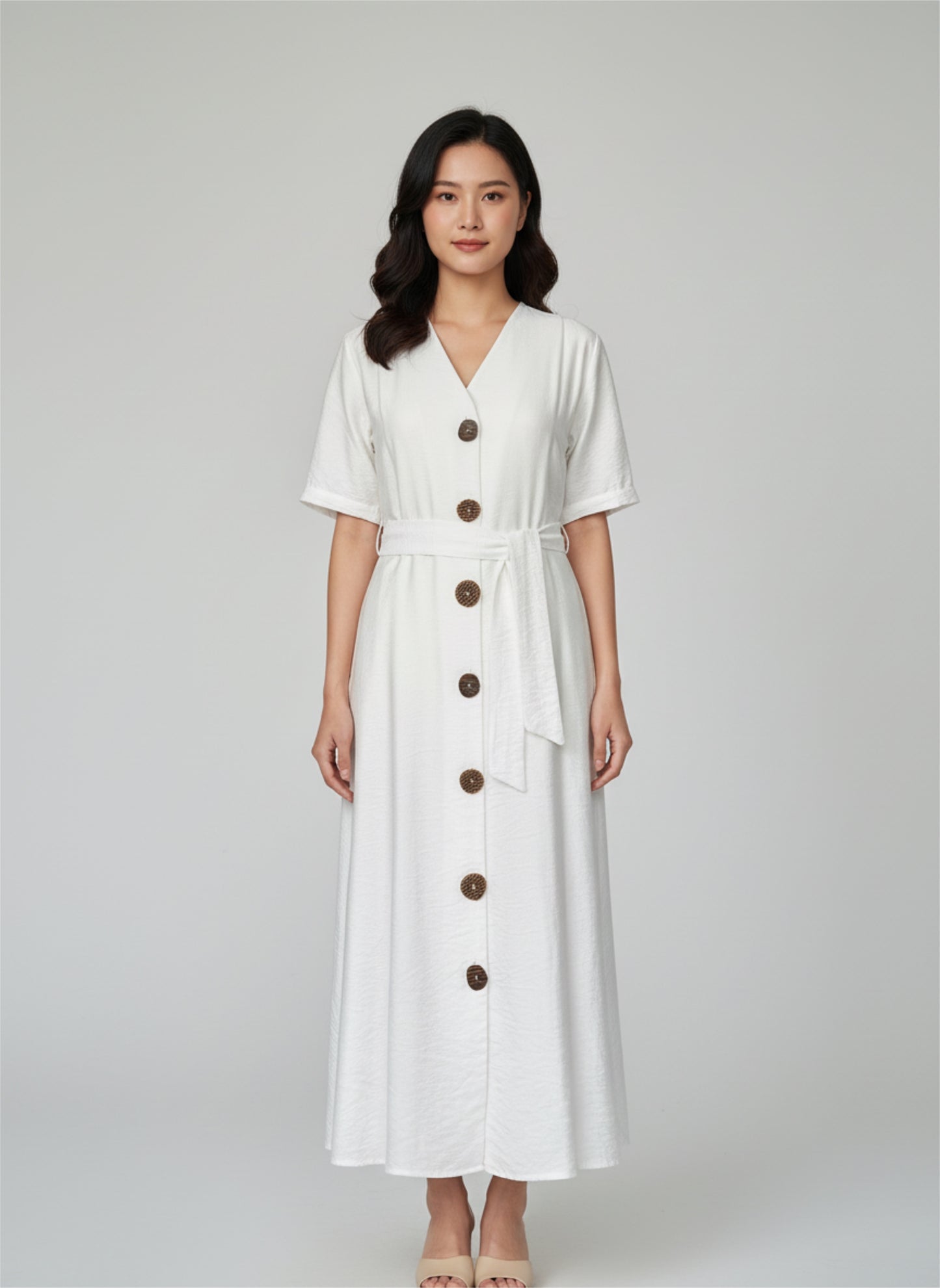 Midi Kleid mit Gürtel in Weiß – Viskose-Mix | BECCA STUDIOS