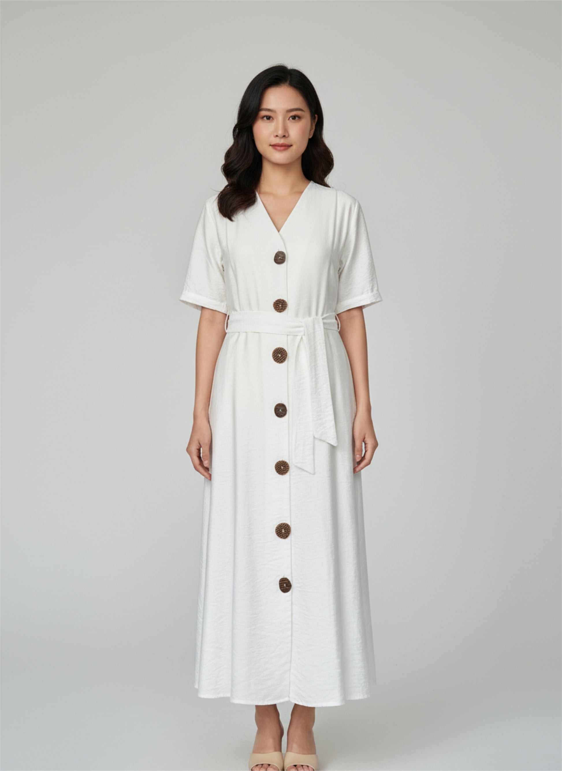 Midi Kleid mit Gürtel in Weiß – Viskose-Mix | BECCA STUDIOS