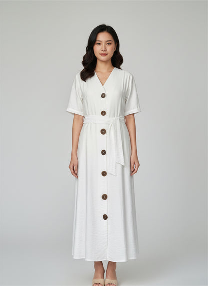 Midi Kleid mit Gürtel in Weiß – Viskose-Mix | BECCA STUDIOS