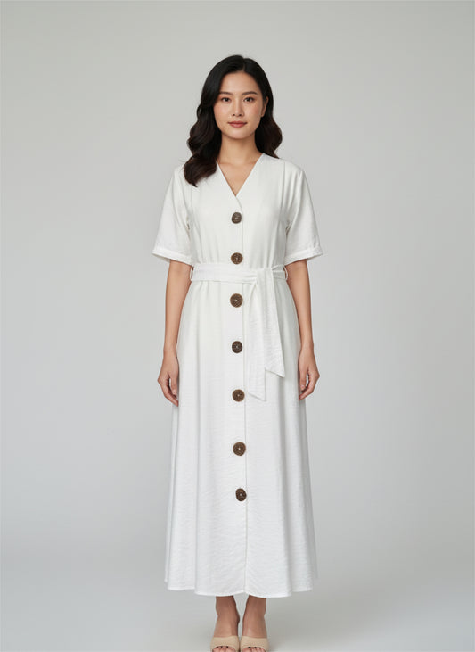 Midi Kleid mit Gürtel in Weiß – Viskose-Mix | BECCA STUDIOS